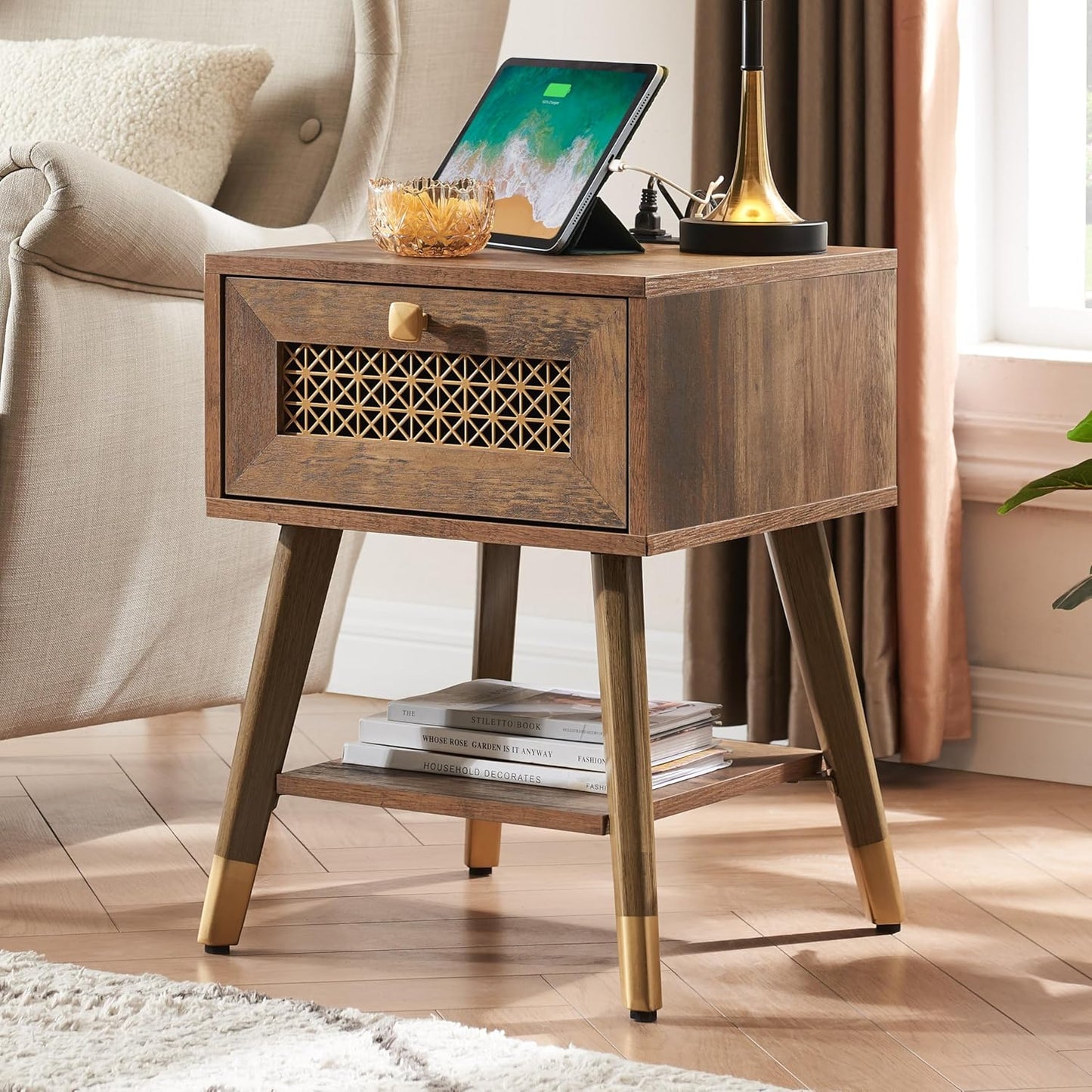 Boho Style Living Room Side Table, Wood End Table with Drawer and Shelf, Small Nightstand for Bedroom, Rustic Oak