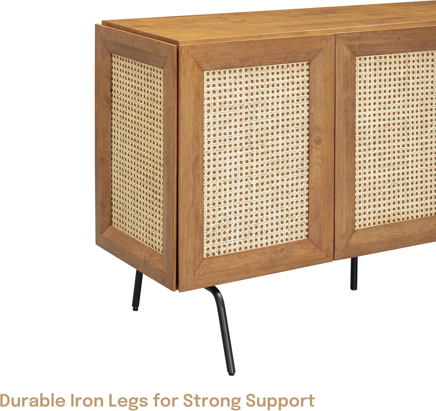 NTC MOSSIC Modern Sideboard with 4 Doors, Natural Rattan Storage Cabinet, Buffet with Metal Legs, Boho Accent Cabinet for Living Room, and Entryway, Effortless Assembly, Teak Look