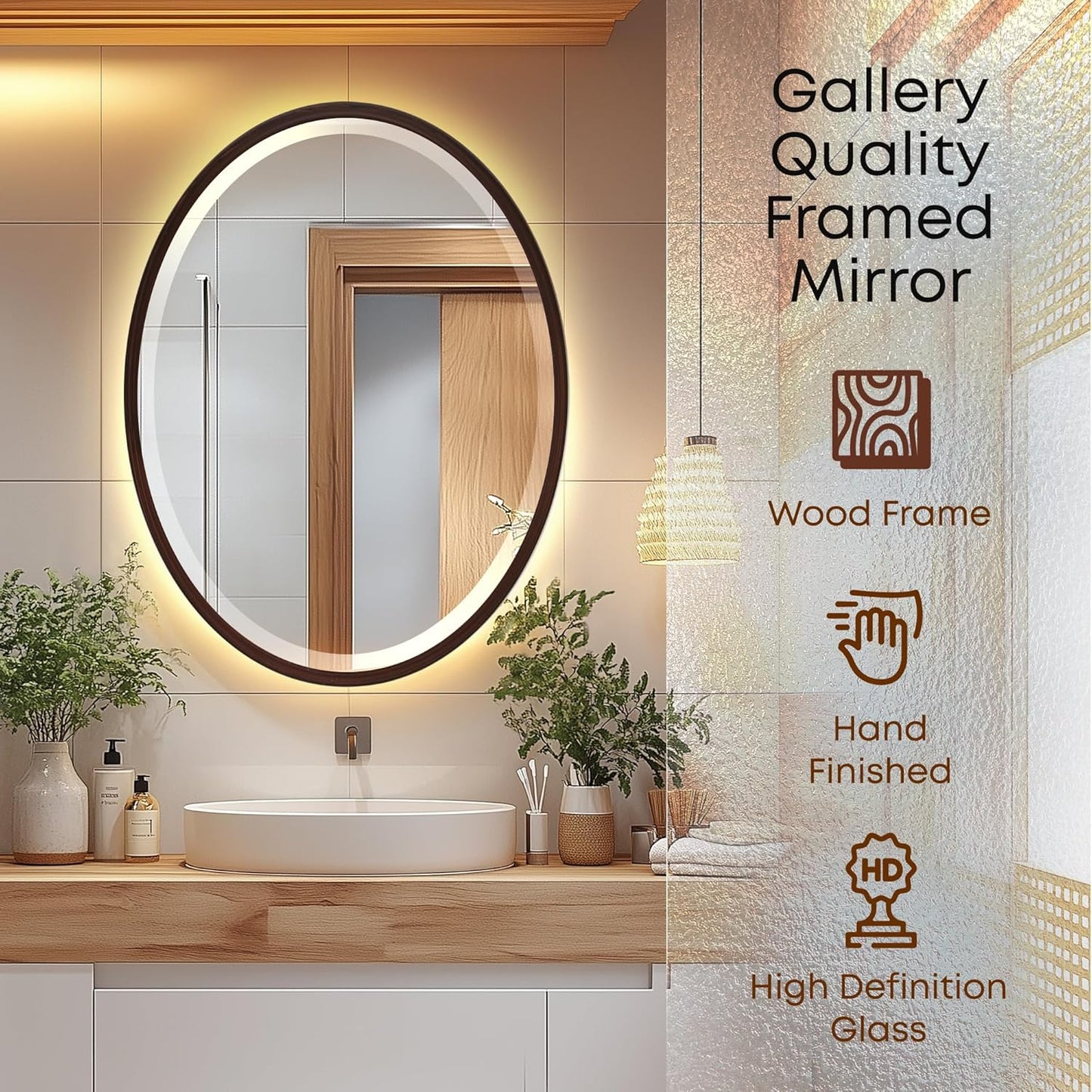 OVALCREST - Oval Wooden Beveled Wall Mirror for Home Decor, Bathroom, Vanity, Bedroom, Living Room, Hallway - London Style (Black Walnut) 23.1 x 29.1