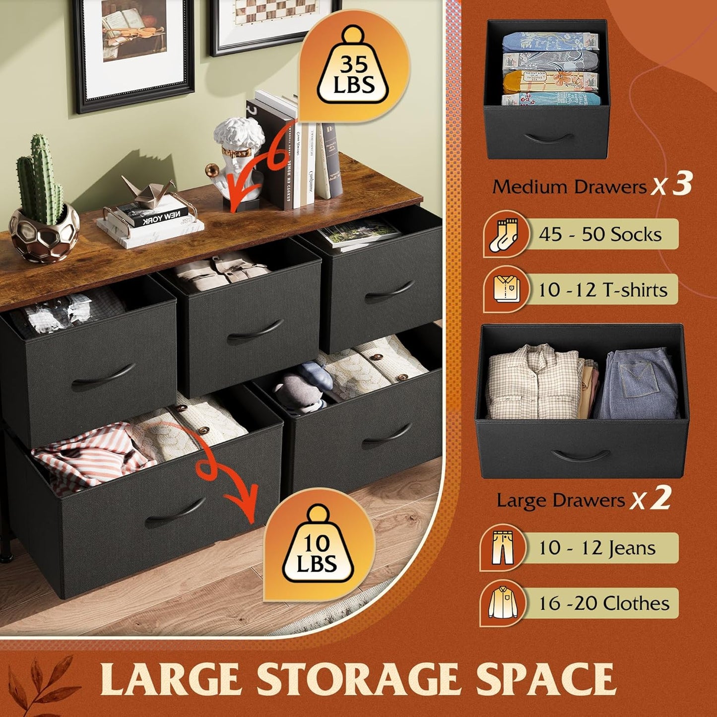 WLIVE Dresser for Bedroom with 5 Drawers, Wide Chest of Drawers, Fabric Dresser, Storage Organizer Unit with Fabric Bins for Closet, Living Room, Hallway, Black and Rustic Brown