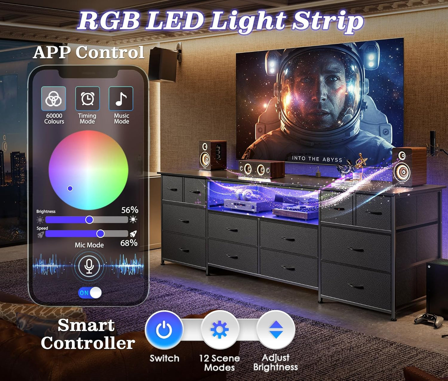 Huuger 63 Inch Dresser TV Stand with LED Lights, Power Outlets and USB-C Port, 12 Fabric Drawer Dresser for Bedroom, Wide Entertainment Center for 65, 70 Inch TV, Open Shelf, Black