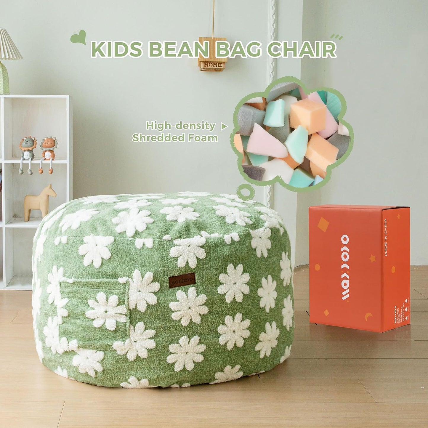 MAXYOYO Bean Bag Chair for Kids, Floral Pattern Lazy Chair with High-Density Foam Filling, Stuffed Floor Sofa Couch for Boys and Girls, Child Floor Sofa for Gaming, Reading, Green