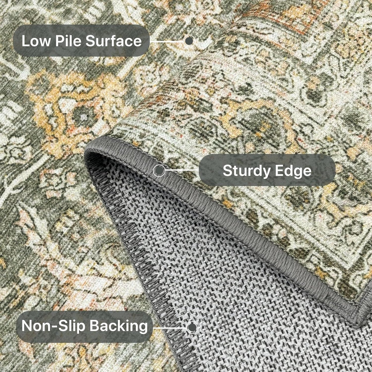 3X5 Area Rugs Machine Washable Rugs for Living Room, Vintage Boho Large Rugs for Bedroom Dining Room, Non Slip Indoor Soft Distressed Lightweight Thin Low Pile Carpet, Turmeric