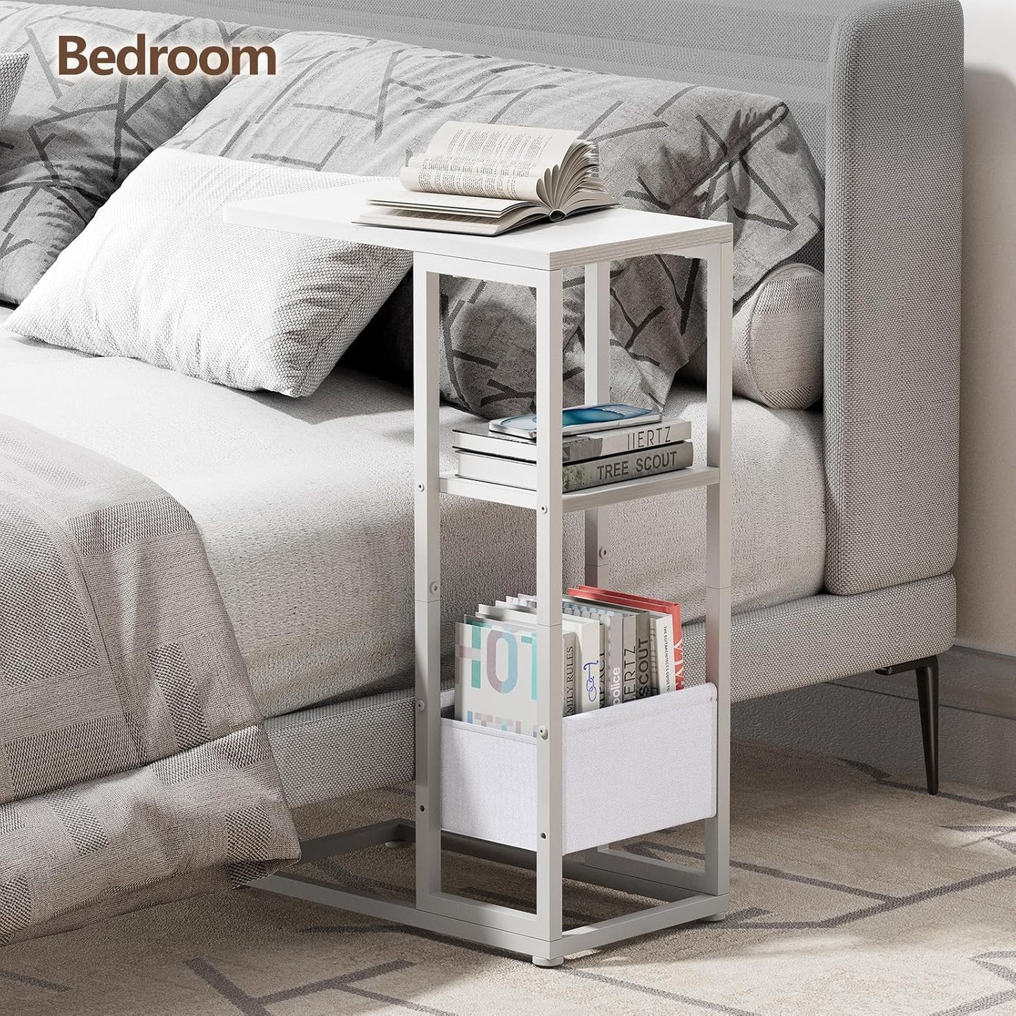C Shaped End Table, Small Side Table for Couch, Recliner, Slide Under Sofa Tray Desk Snack Tables with Storage Bag for Living Room,Bedroom, Small Spaces - White