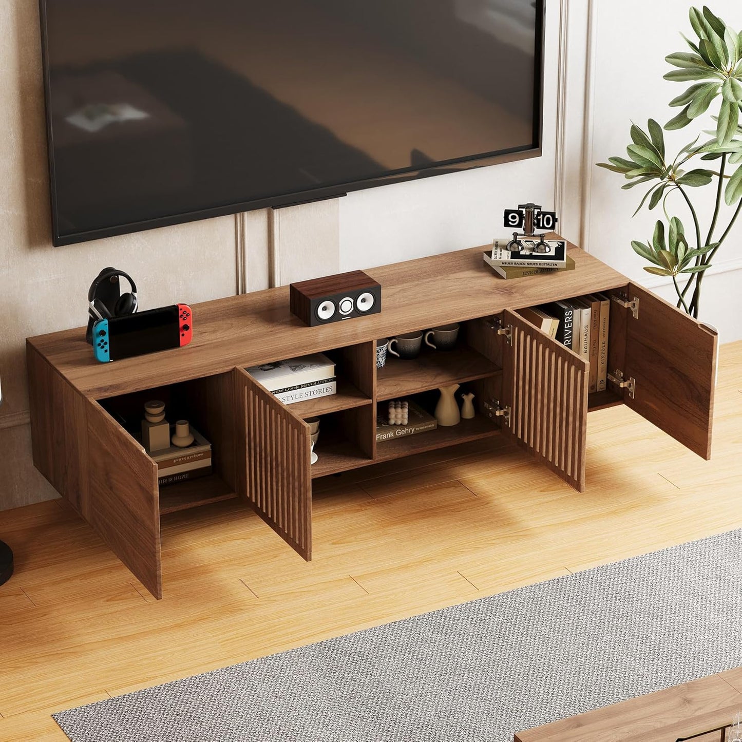 Modern TV Cabinet for 70-inch TV, TV Table with Large Storage Space, TV Cabinet Media Console for Living Room and Bedroom, 180 cm, Walnut Color (70.87“)