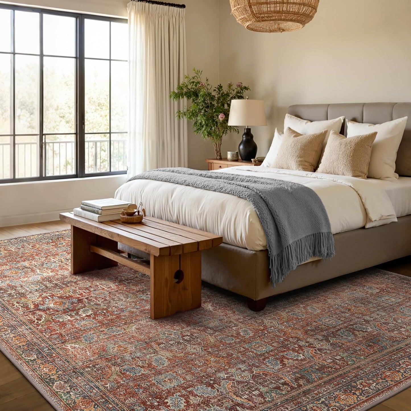 GENIMO 4x6 Area Rugs for Living Room, Machine Washable Non Slip Vintage Rugs, Low Pile Lightweight Chenille Print Rug for Bedroom, Dining Room, Home Office, Terracotta Indigo