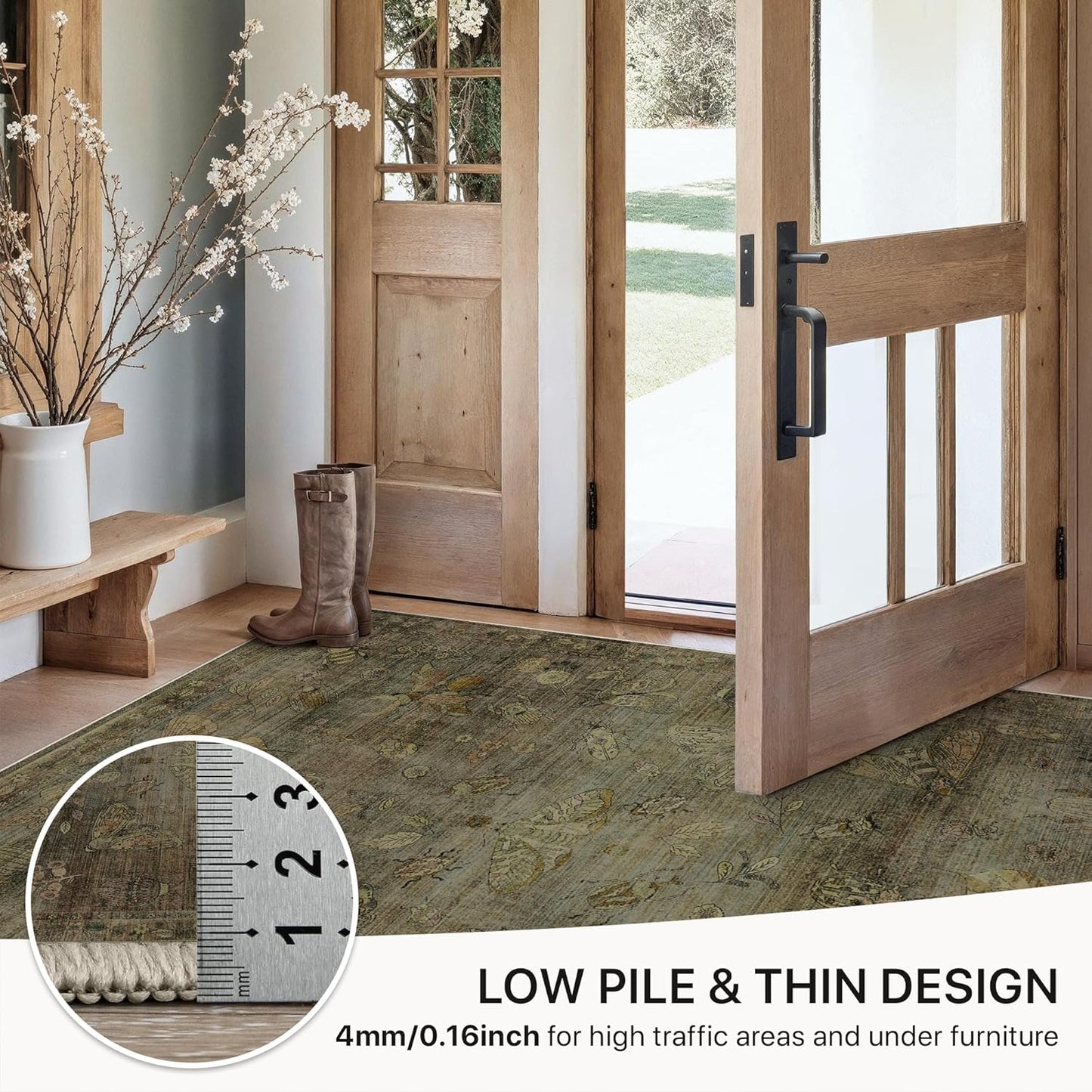 GENIMO 8x10 Area Rugs for Living Room, Machine Washable Non Slip Vintage Rugs, Low Pile Lightweight Chenille Print Rug for Bedroom, Dining Room, Home Office, Moss Taupe