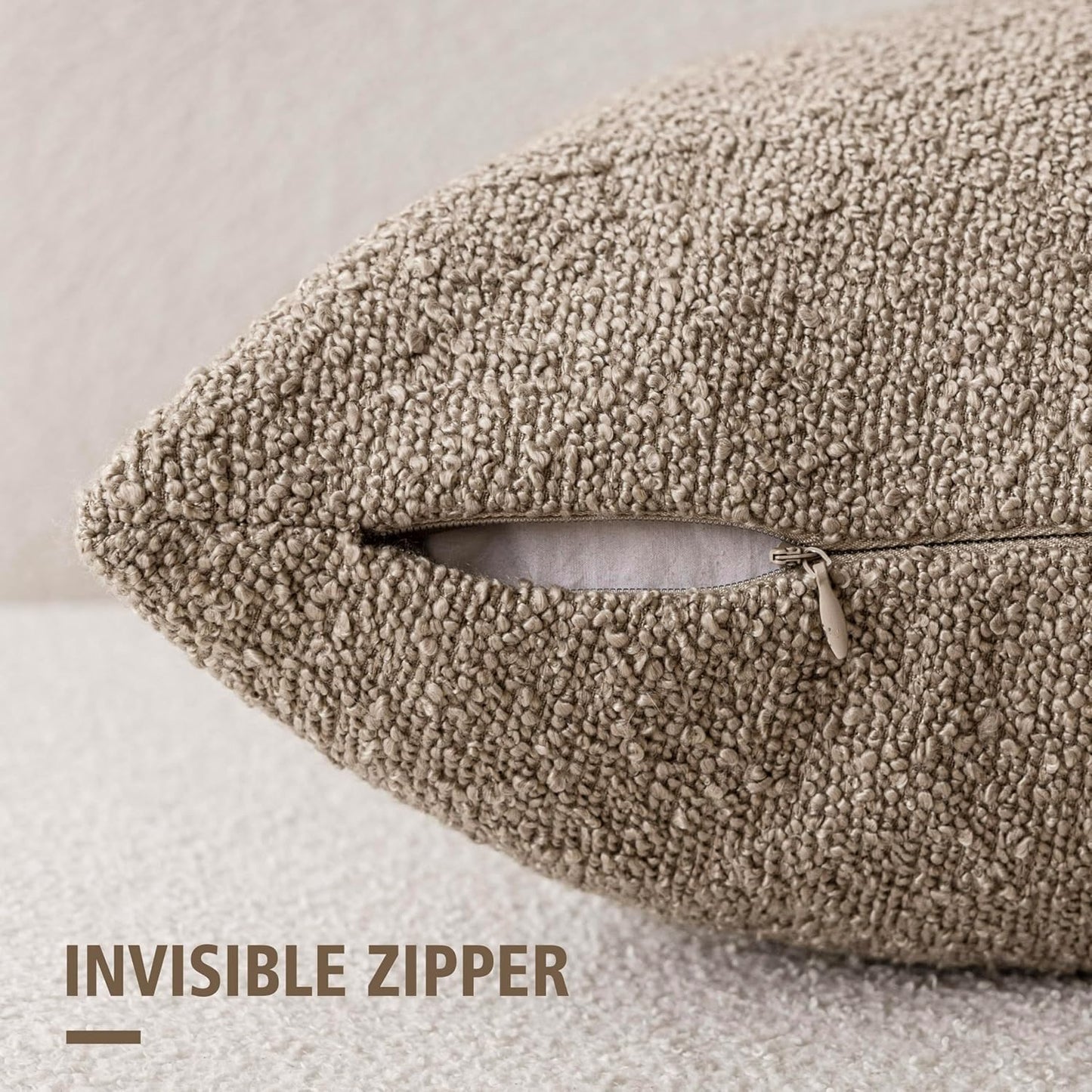 Foindtower Set of 2, Decorative Textured Boucle Throw Pillow Covers Accent Solid Pillow Cases Neutral Cozy Couch Cushion Case for Chair Sofa Bedroom Living Room Home Decor 24x24 Inch Light Khaki Tan