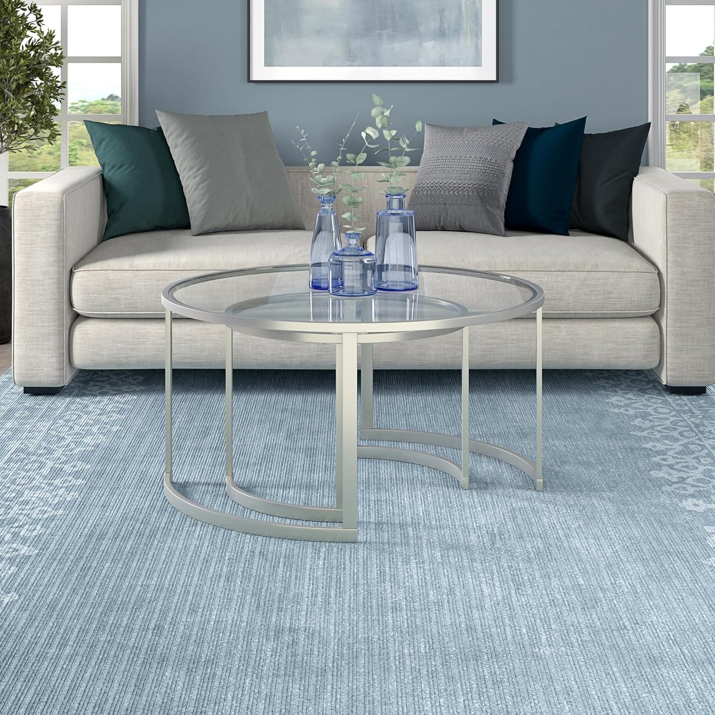 Henn&Hart Round Nested Coffee Table in Satin Silver, for Home, Living Room, Bedroom, Entertainment Room, Office