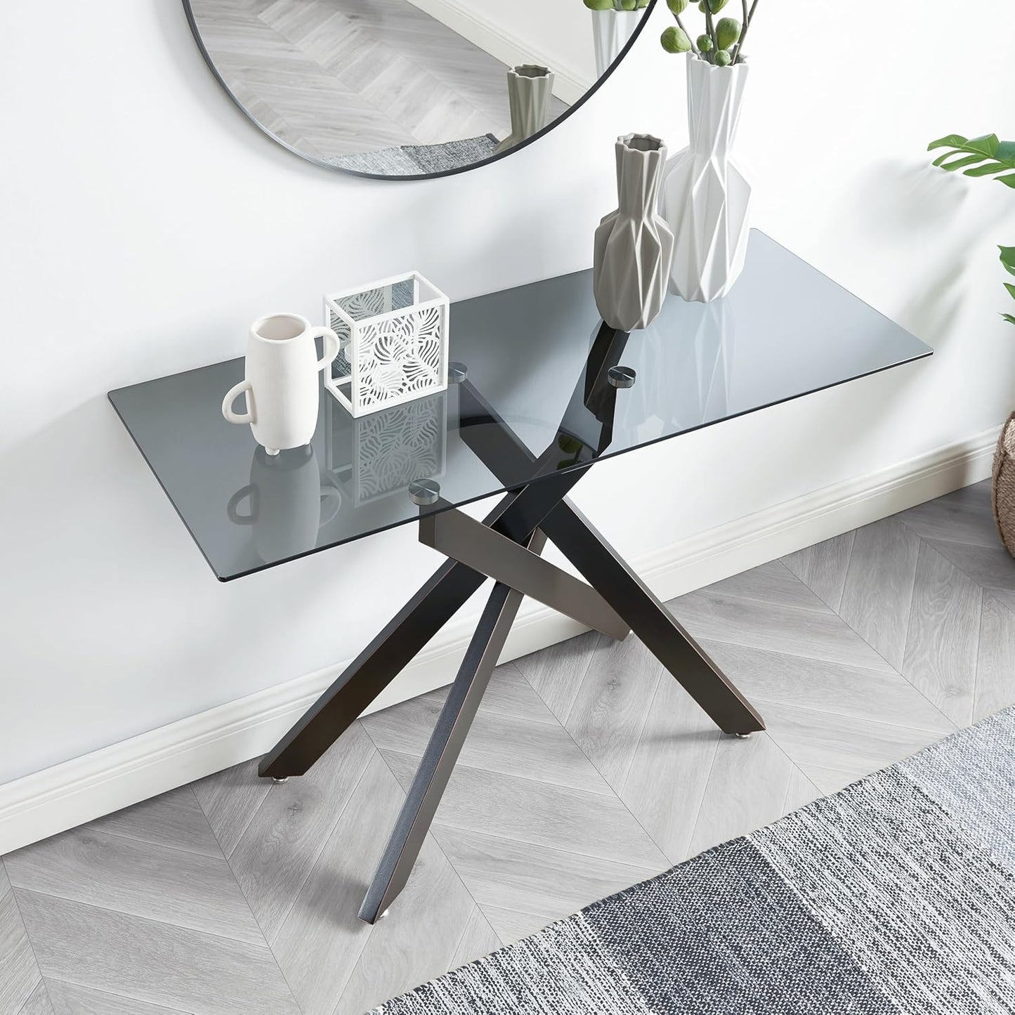 Modern Style Console Table Narrow Sofa Table with Grey Tempered Glass Top and Black Metal Tubular Legs with Gold Rim, 45”Lx18”Wx30”H