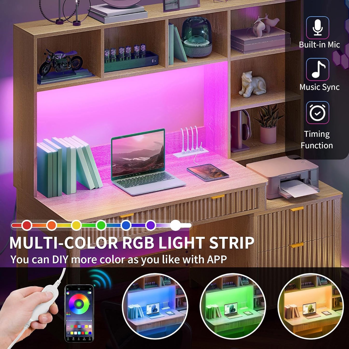 YITAHOME Computer Desk with Hutch and Drawers, 55" Office Desk with Storage Shelves and Printer Stand, Gaming Desk with Power Outlets & LED Lights, Fluted Sturdy Writing Workstation, Natural Oak