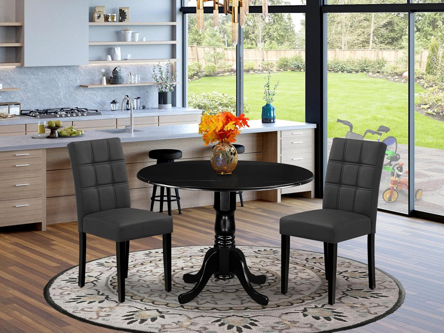 East West Furniture DLAS3-BLK-12 3 Piece Dining Table Set contain A Wood Table and 2 Dark Gray Polyester Fabric Dinner Chairs with Stylish Back- Black Finish