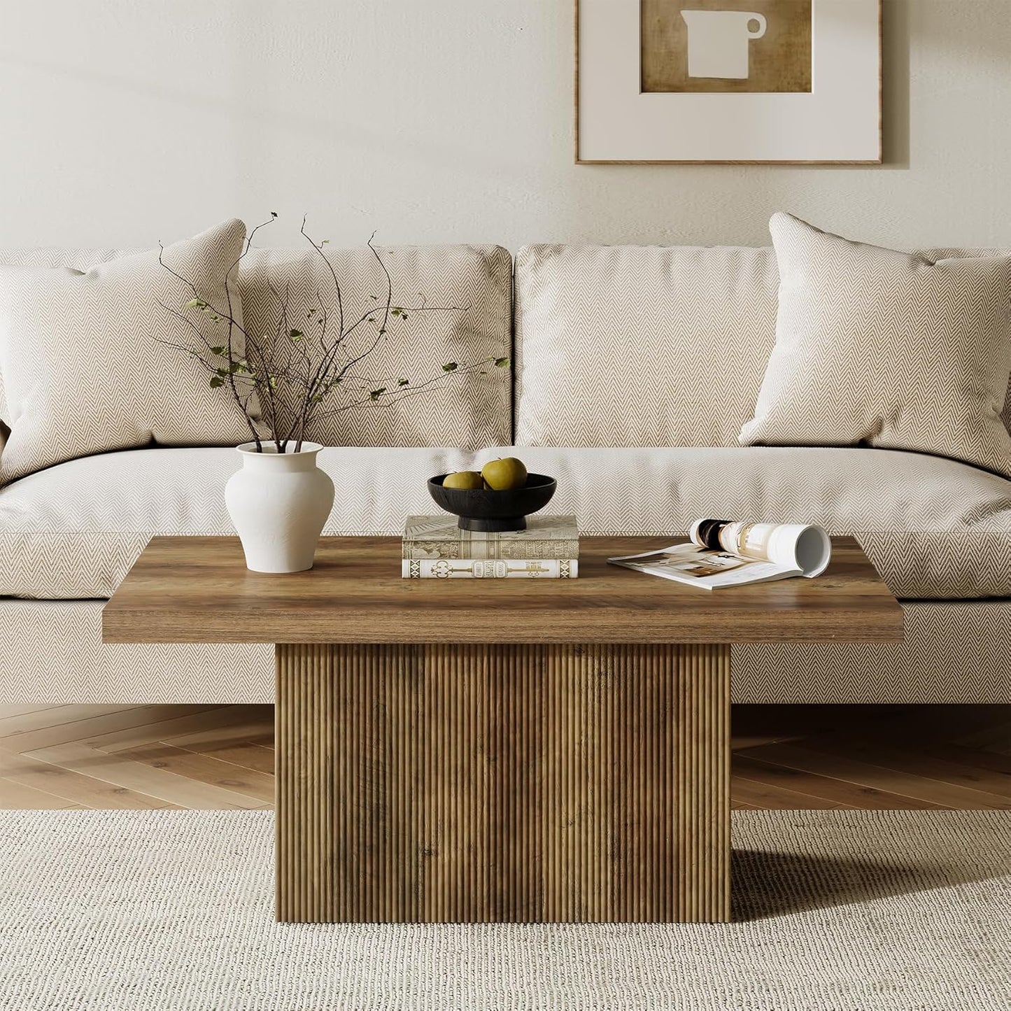 47-Inch Large Coffee Table with Pedestal, Living Room Center Table Rectangle Thickened Tabletop, Farmhouse Low Cocktail Tea Furniture for Living Room, Apartments, Rustic Brown