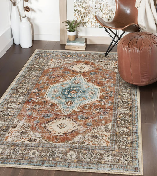 Lahome Oriental Washable Rug, 3x5 Rugs for Bedroom Living Room Entryway, Vintage Ultra-Thin Non-Slip Soft Throw Carpet for Kitchen Office Entrance, Orange/Multi