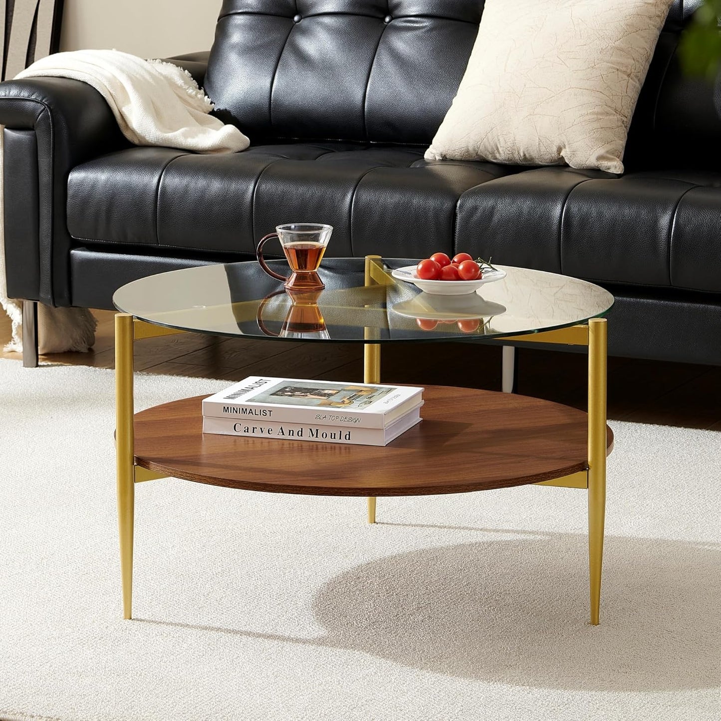 Round Coffee Table, Mid-Century Modern Design, D30*H17 inch, for Living Room, 2-Tier Structure, Clear Glass Top and Walnut MDF Shelf, Sleek Conical Metal Legs with Gold Finish