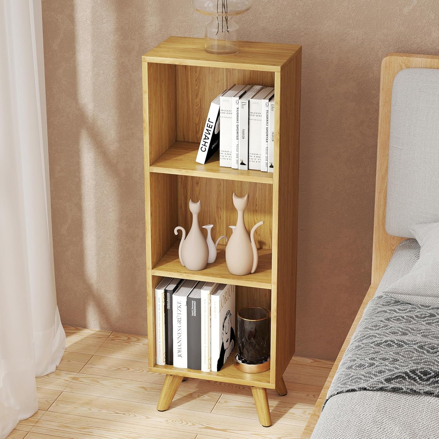Manora Small Bookcase with 3 Open Shelves, Modern Bookshelf with Wooden Legs, Narrow Storage Organizer for Living Room, Bedroom, Office, Oak