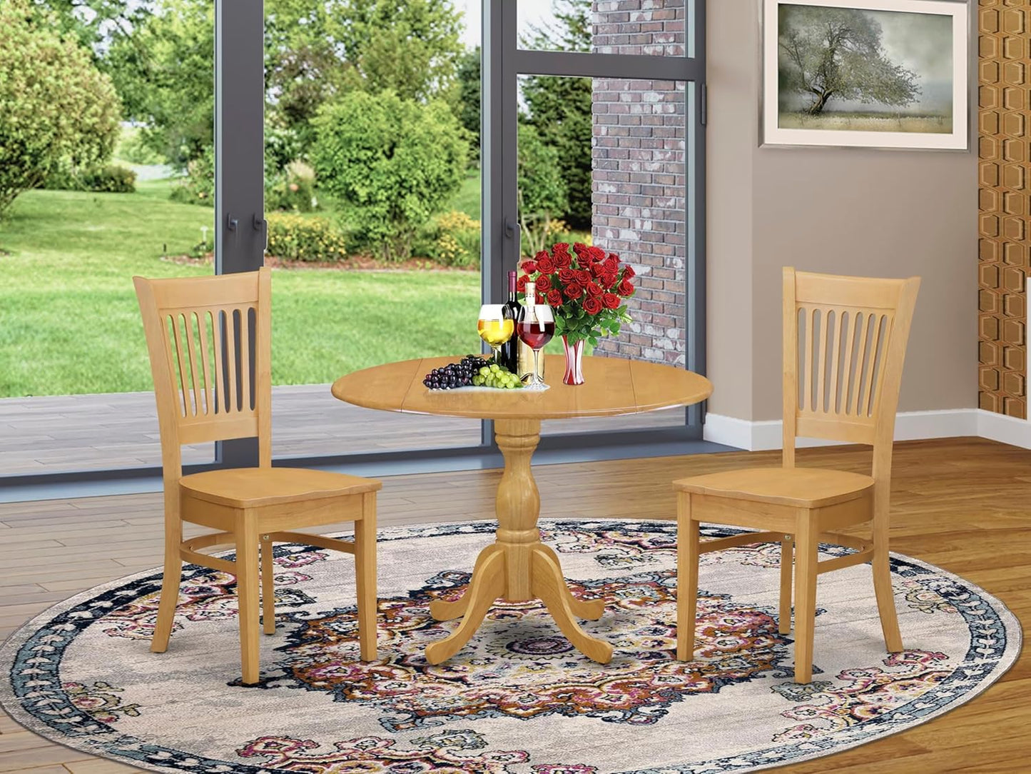 East West Furniture DMVA3-OAK-W 3 Piece Dinette Set for Small Spaces Contains a Round Dining Table with Dropleaf and 2 Dining Room Chairs, 42x42 Inch, Oak