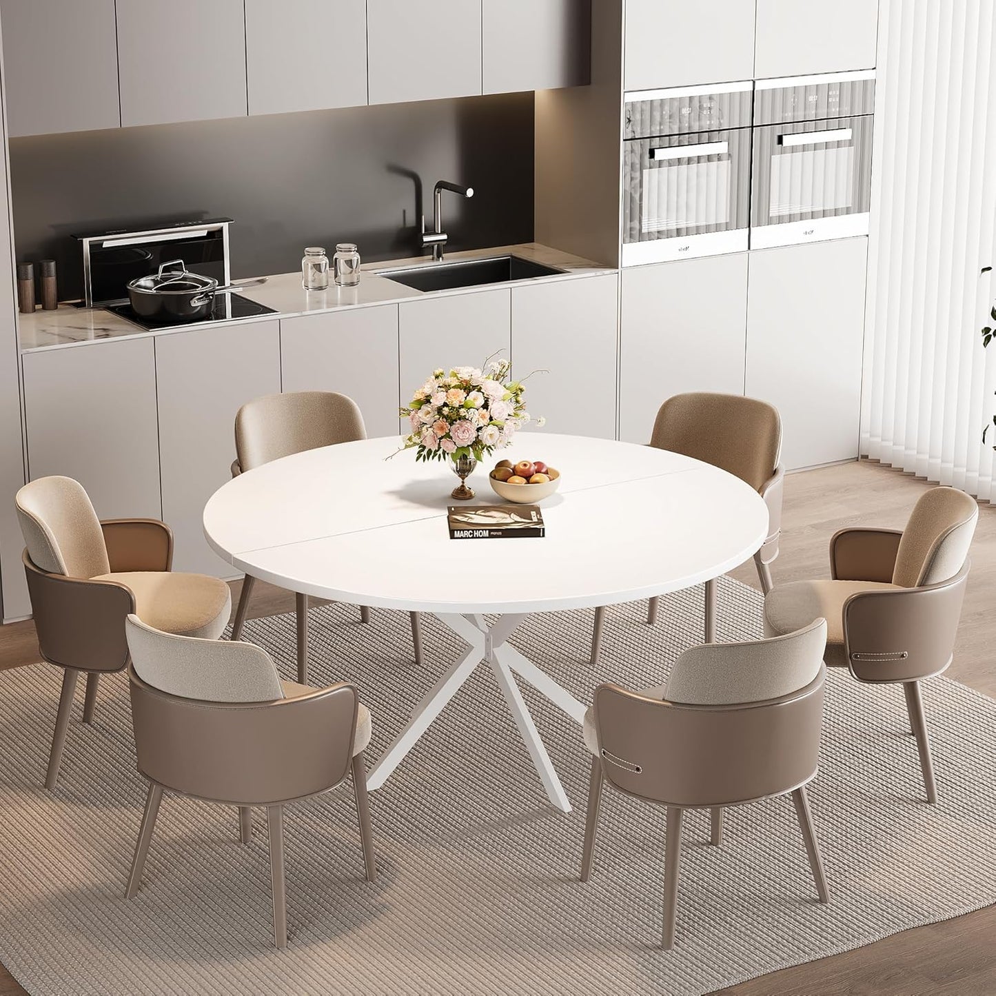 47.24" Round Dining Table, Modern Dining Room Table for 4-6 Person, Wood Round Kitchen Table with Metal Legs, Round Coffee Table for Home Dining Room Living Room (White)