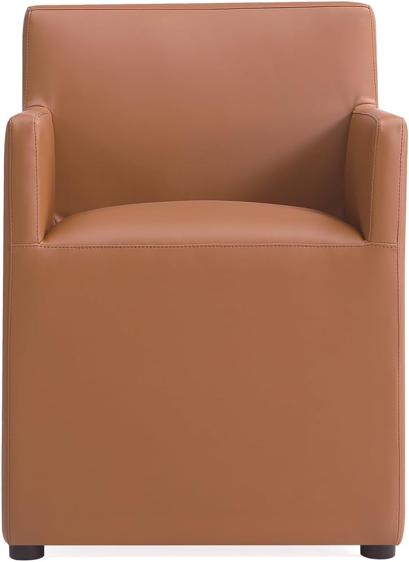 Manhattan Comfort Anna Square Modern Dining Chair with Arms, Head-to-Toe Faux Leather Upholstered Accent Armchair with Plastic Foot Padding, Set of 2, Saddle