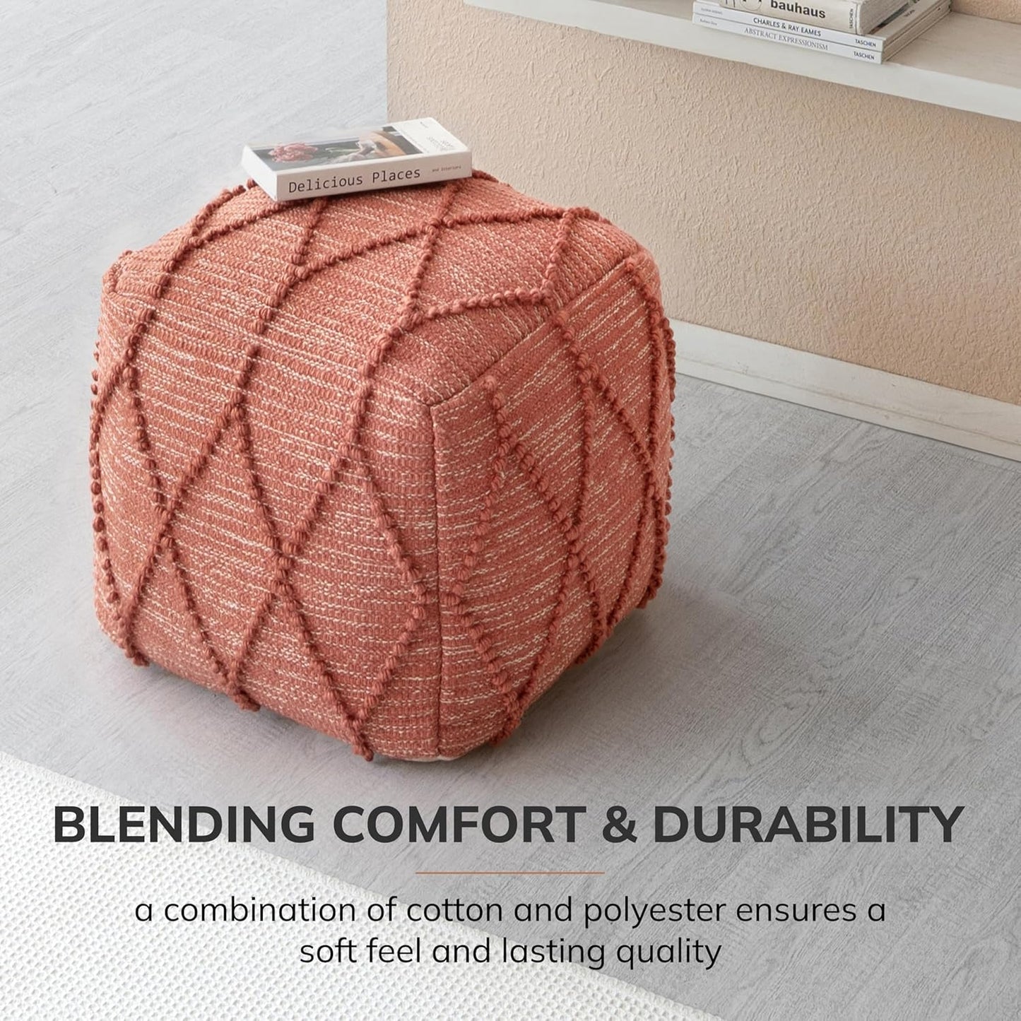 Anji Mountain 100% Handmade & Handcrafted Comfortable Home Décor Pouf Ottoman Footrest for Living Room, Bedroom, Nursery, Kidsroom, Patio Furniture - (19" x 19" x 17"- Terracotta)