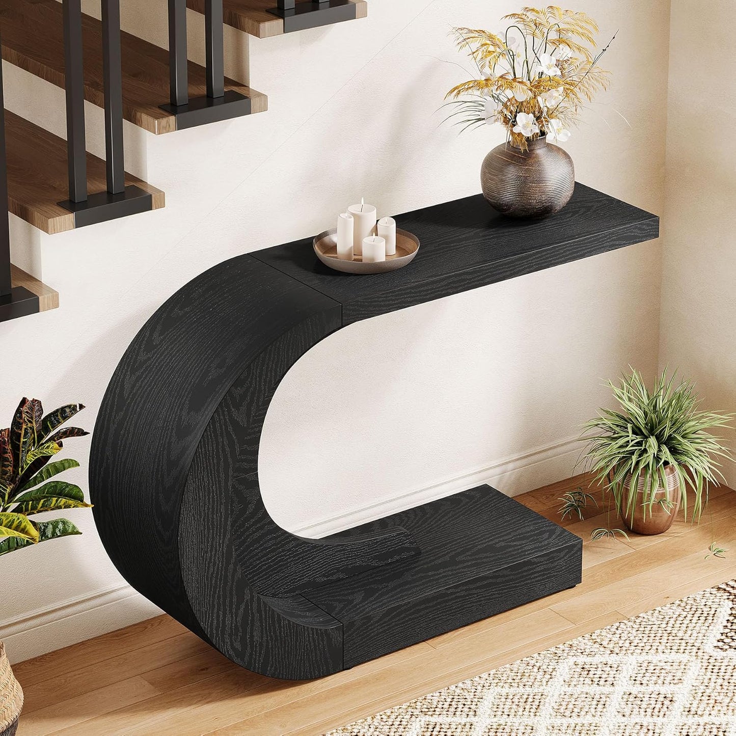 Tribesigns 43.3" Mid-Century Modern Console Table for Entryway, Wood C-Shaped Hallway Entry Accent Table for Living Room, Entrance, Foyer, Easy Assembly, Black