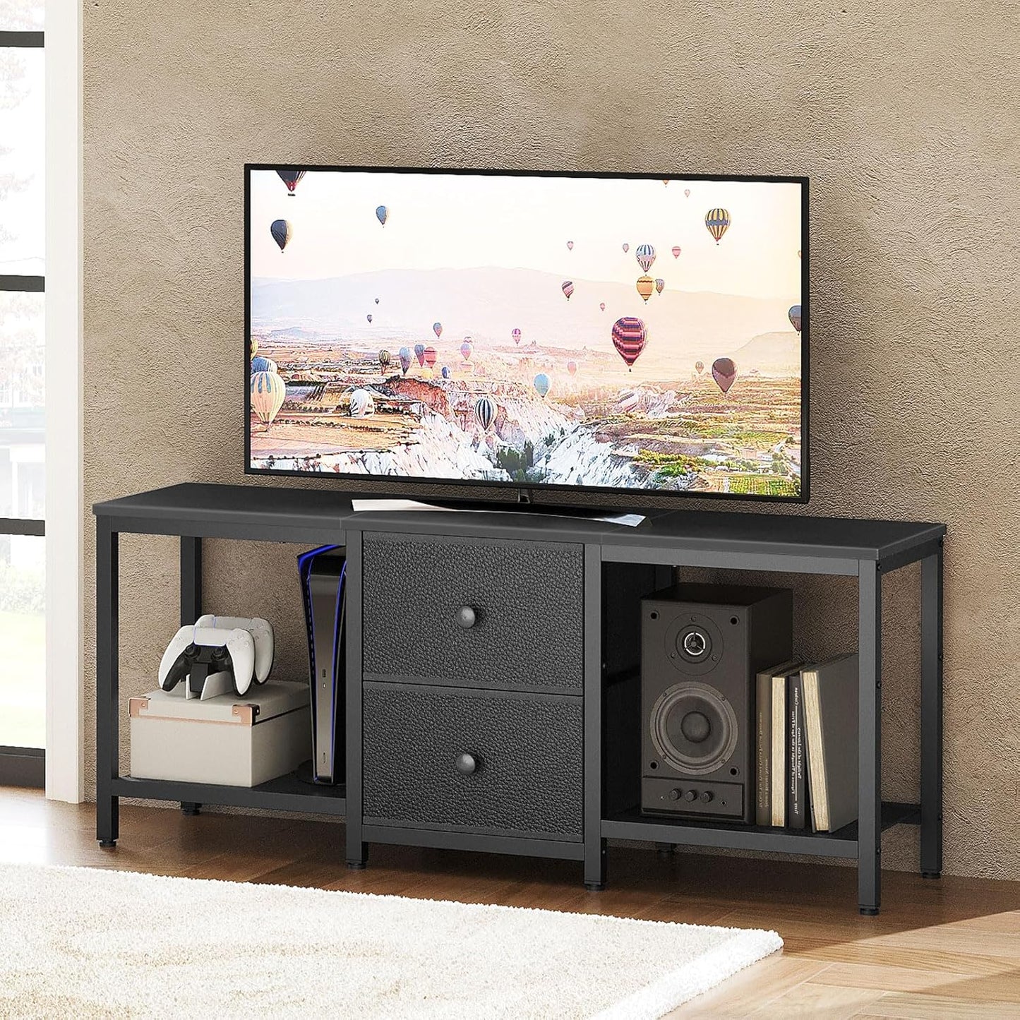 TV Stand for TVs up to 55", Entertainment Center with 2 Fabric Drawer, Media Console with Shelves, Television Stands for Living Room, Bedroom, Black DS02BB