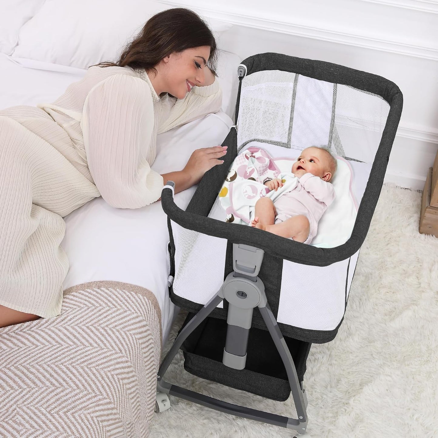 Baby Bassinet Bedside Sleeper, 3 in 1 Rocking Bassinet for Baby, Arms Reach Co Sleeper Bassinet with Wheels, Adjustable Height, Storage, Mattress & Canopy (Black)
