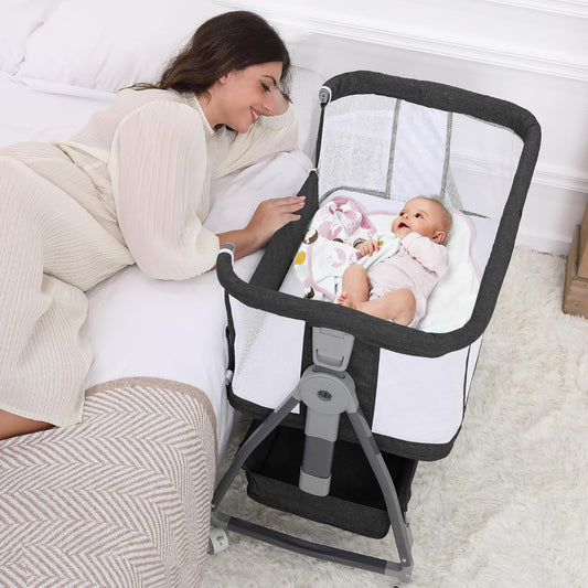 Baby Bassinet Bedside Sleeper, 3 in 1 Rocking Bassinet for Baby, Arms Reach Co Sleeper Bassinet with Wheels, Adjustable Height, Storage, Mattress & Canopy (Black)