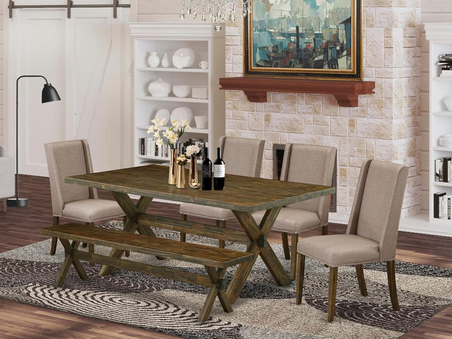 East West Furniture X777FL716-6 6 Piece Dining Table Set Contains a Rectangle Table with X-Legs and 4 Dark Khaki Linen Fabric Upholstered Chairs with a Bench, 40x72 Inch, Multi-Color