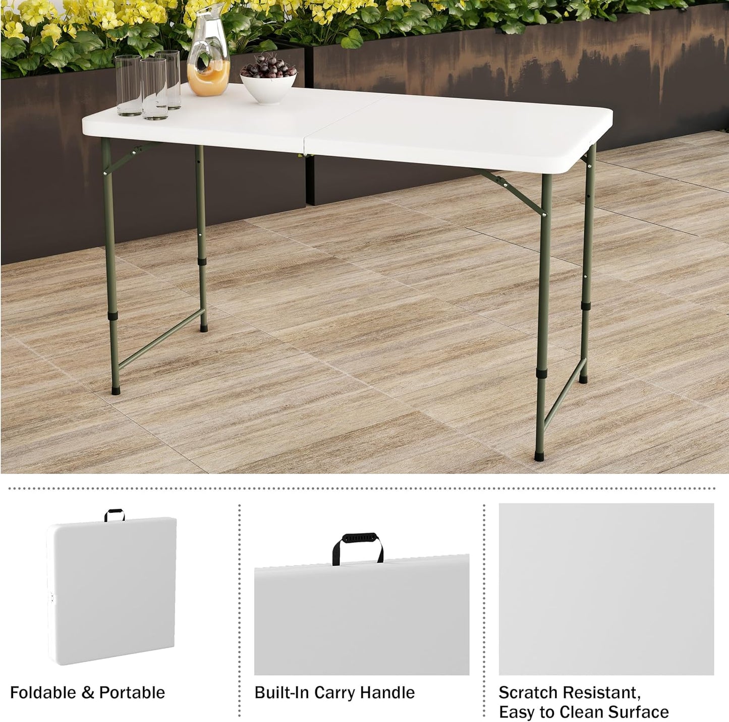 Adjustable Folding Table - Portable 4-Foot Plastic Utility Tabletop with 2 Height Settings - Indoor and Outdoor Seating by Lavish Home (White)