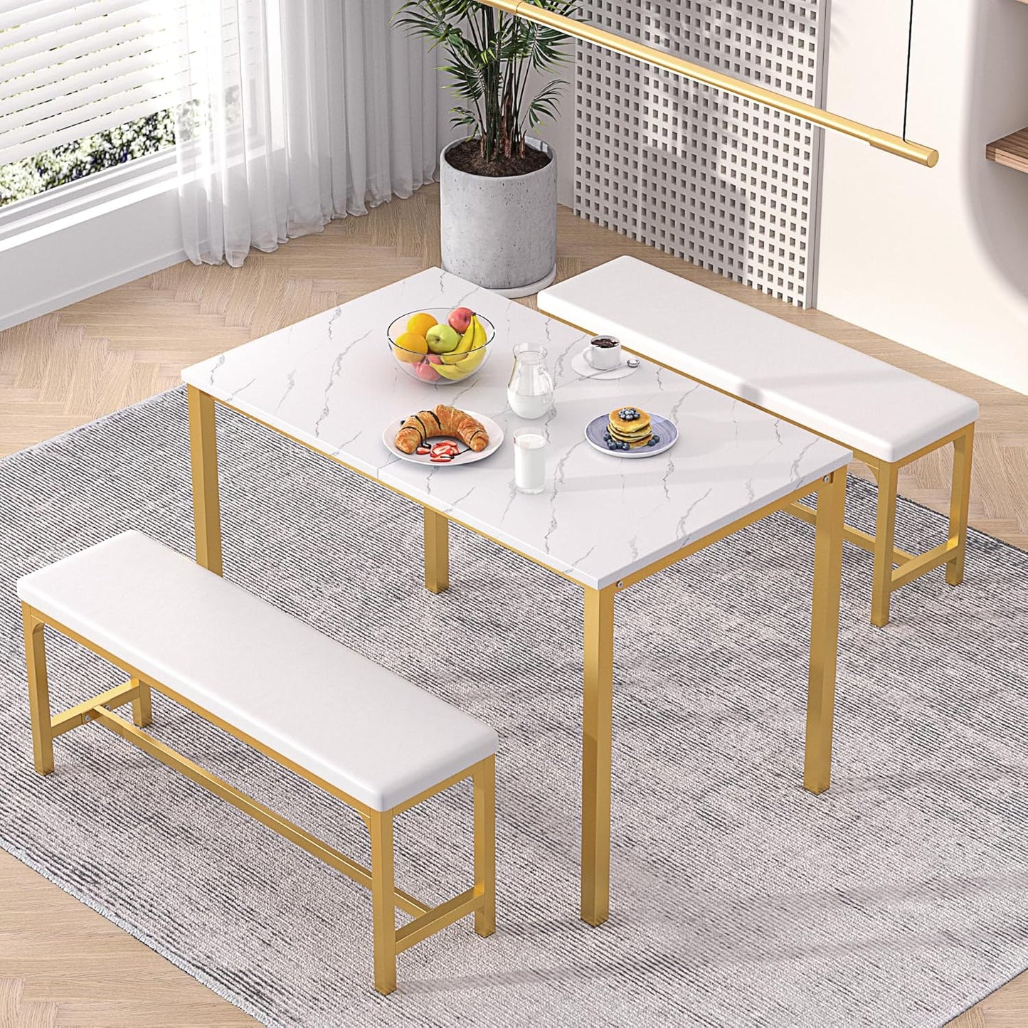 VECELO 3-Piece 63" Extendable Kitchen Table with Benches/Chairs, Modern Breakfast Dinette/Dining Room Set for 4/6/2, Small Space Saving Design, Easy Assembly