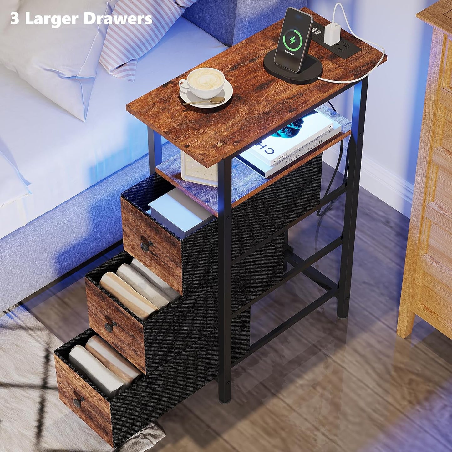 End Table with Charging Station, Narrow Side Table with 3 Fabric Drawers, Skinny Nightstand with LED Light, Slim Bedside Table for Bedroom, Living Room, Small Spaces, Rustic Brown
