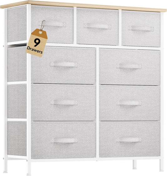 DWVO 9 Drawer Dresser, Light Gray Fabric Storage Tower, Tall Organizer Unit for Room, Living Room, Hallway, Closets - Sturdy Steel Frame, Wooden Top & Easy Pull Bins