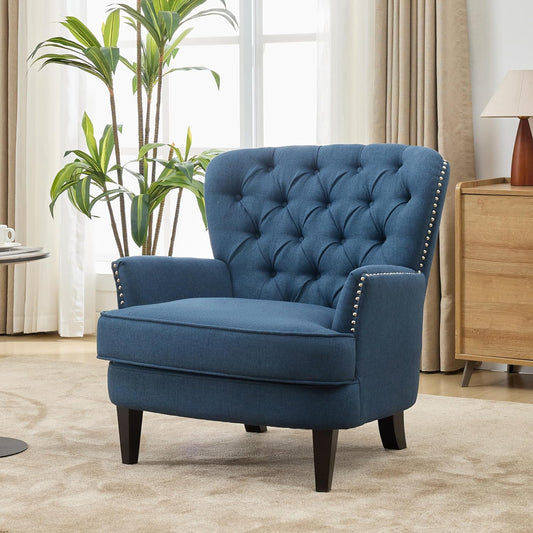 Ball & Cast Accent Chair,Mid-Century Lounge Living Room Chairs with Button Tufting,Upholstered Reading Accent Chair W/Solid Wood Legs and Curved Backrest,for Bedroom,Apartment,Navy Blue