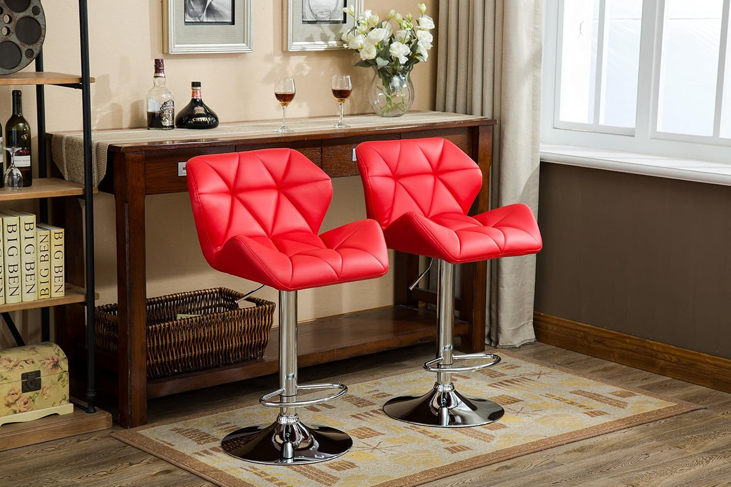 Roundhill Furniture Glasgow Contemporary Tufted Adjustable Height Hydraulic Red Bar Stools, Set of 2
