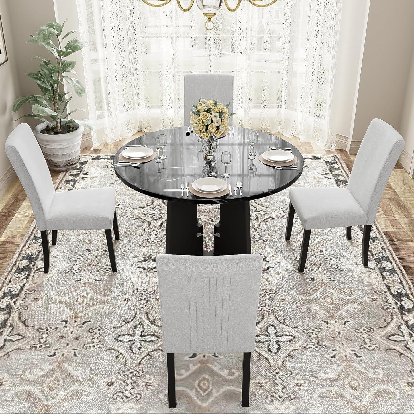 Ball & Cast Dining Table Set for 4 W/ 4 Upholstered Chairs,5 Piece Dining Table W/ 43" Round Faux Marble Table,Kitchen Table and Chairs for Living Room,Dining Room,Restaurant,Beige+Black