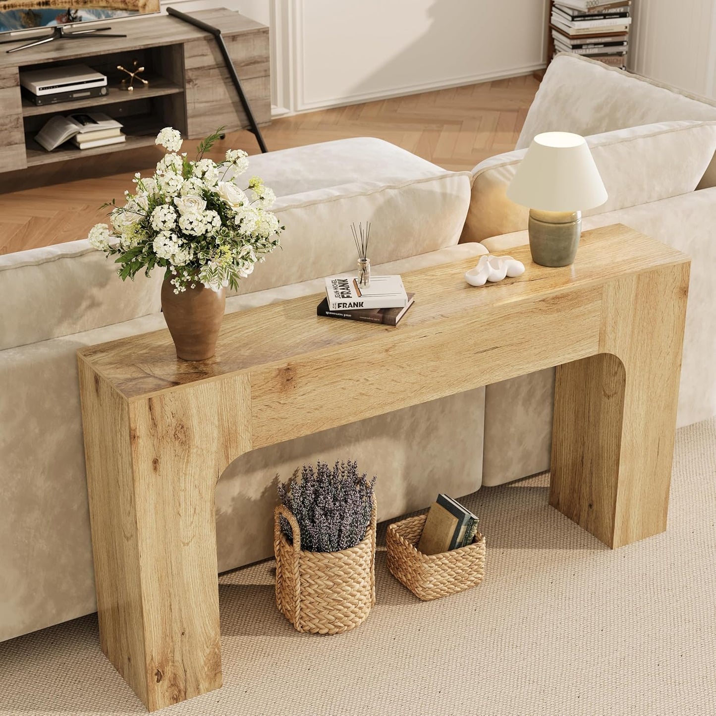 63 Inch Farmhouse Long Console Table, Wooden Sofa Table for Behind Couch, Entryway Furniture for Living Room or Hallway, Foyer Accent in Cracked Oak