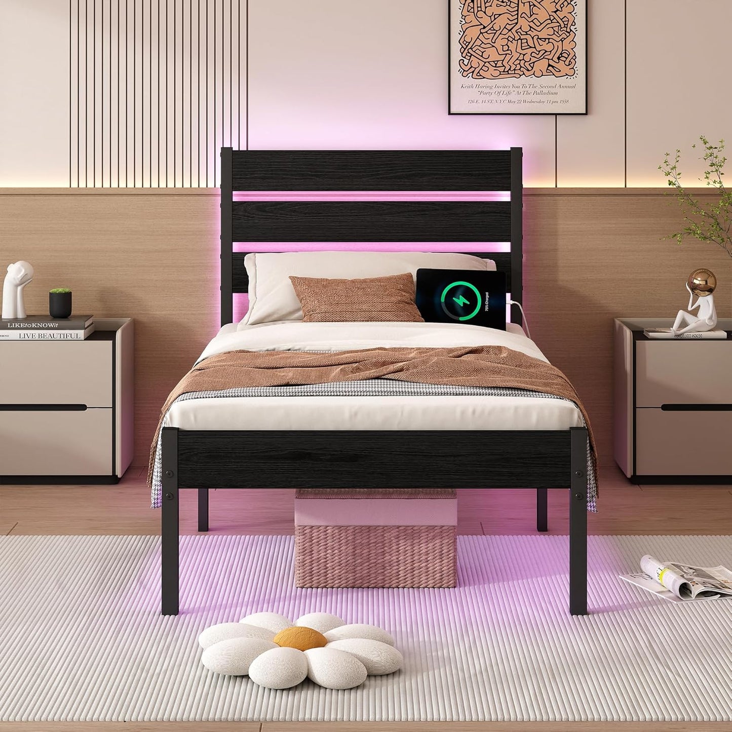 Twin Bed Frame with Headboard,Heavy Duty LED Bed Frame with USB Charging Station,Mattress Foundation-Under Bed Storage, No Box Spring Needed, Noise Free，Black