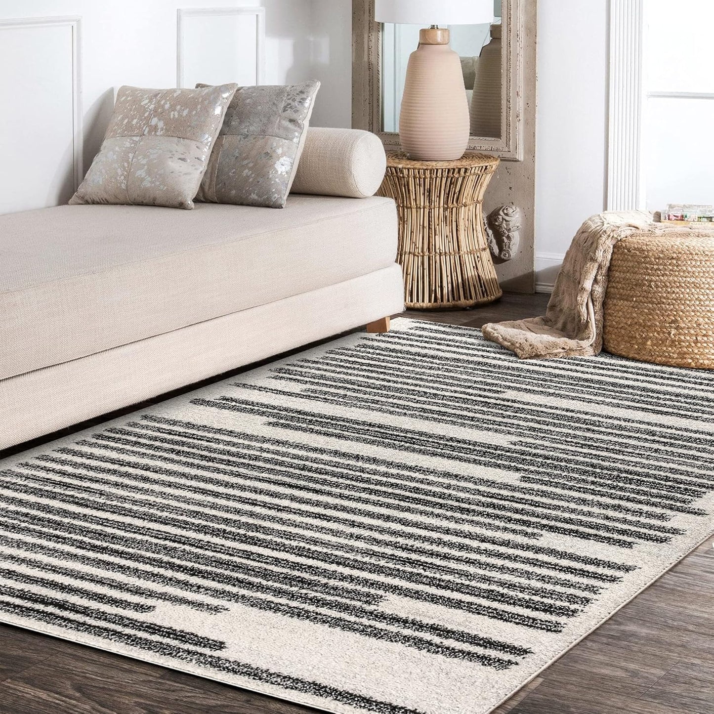 JONATHAN Y Khalil Modern Berber Stripe Cream/Black Indoor Area Rug, 12x18, Contemporary, Bohemian, Easy-Cleaning for Living Room, Bedroom, Kitchen, Pet Friendly, Non-Shedding (MOH207A-18)