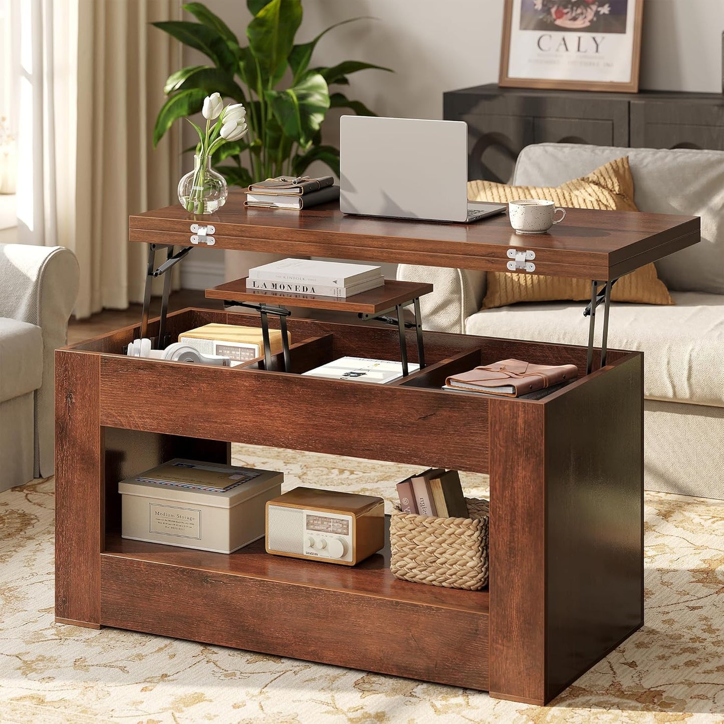 40" Lift Top Coffee Table, 4 in 1 Multi-Function Lift Coffee Table with Storage and Hidden Compartment, Convertible Coffee Tables to Dining Table for Living Room, Walnut