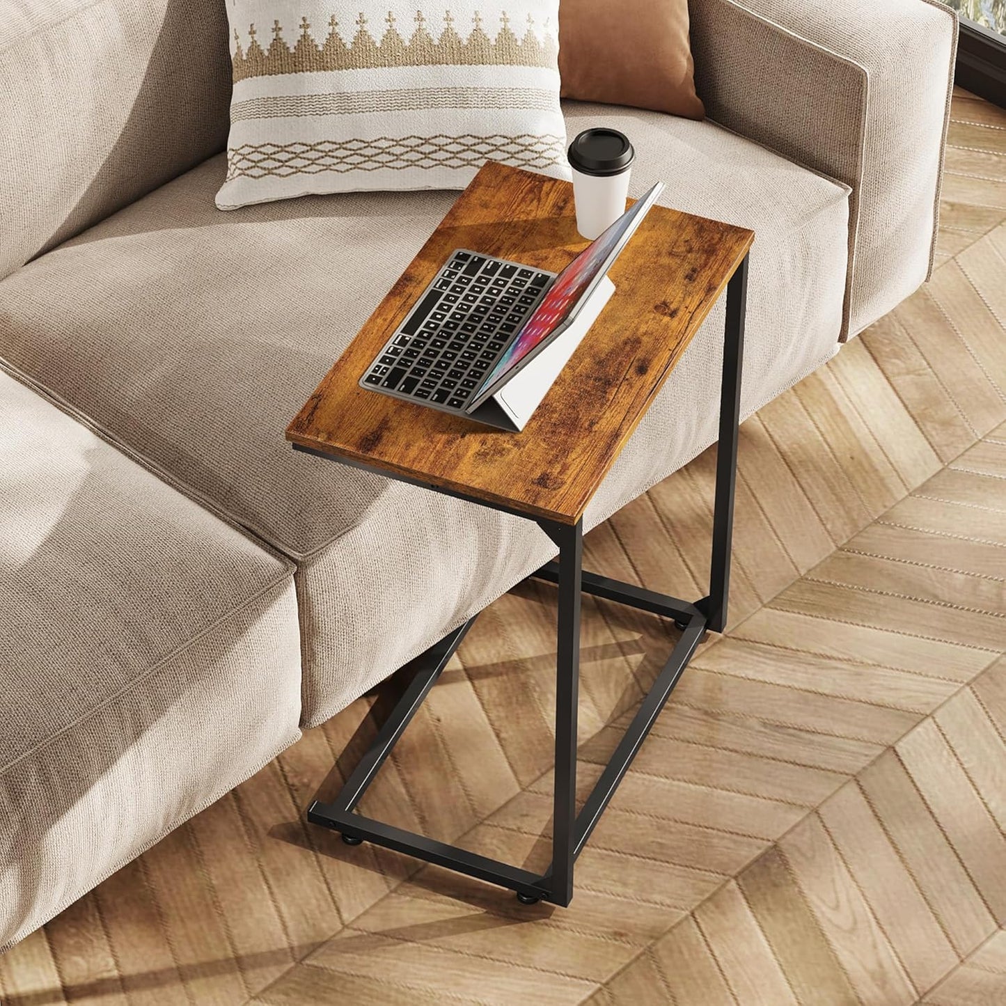 WLIVE C-Shaped End Table, Small Side Tables for Sofa, Wide Couch Table That Slide Under, Laptop Snack Table for Living Room, Bedroom, Home Office, Rustic Brown