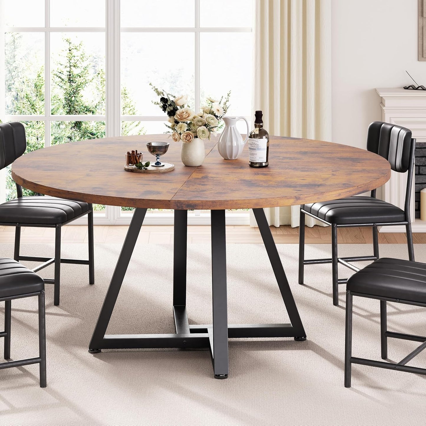 42“ Round Kitchen Dining Room Table for 2-4, Circle Dining Dinner Table with Pedestal Metal Frame, Space Saving Wood Industrial Furniture for Small Space (Rustic Brown, 42IN)