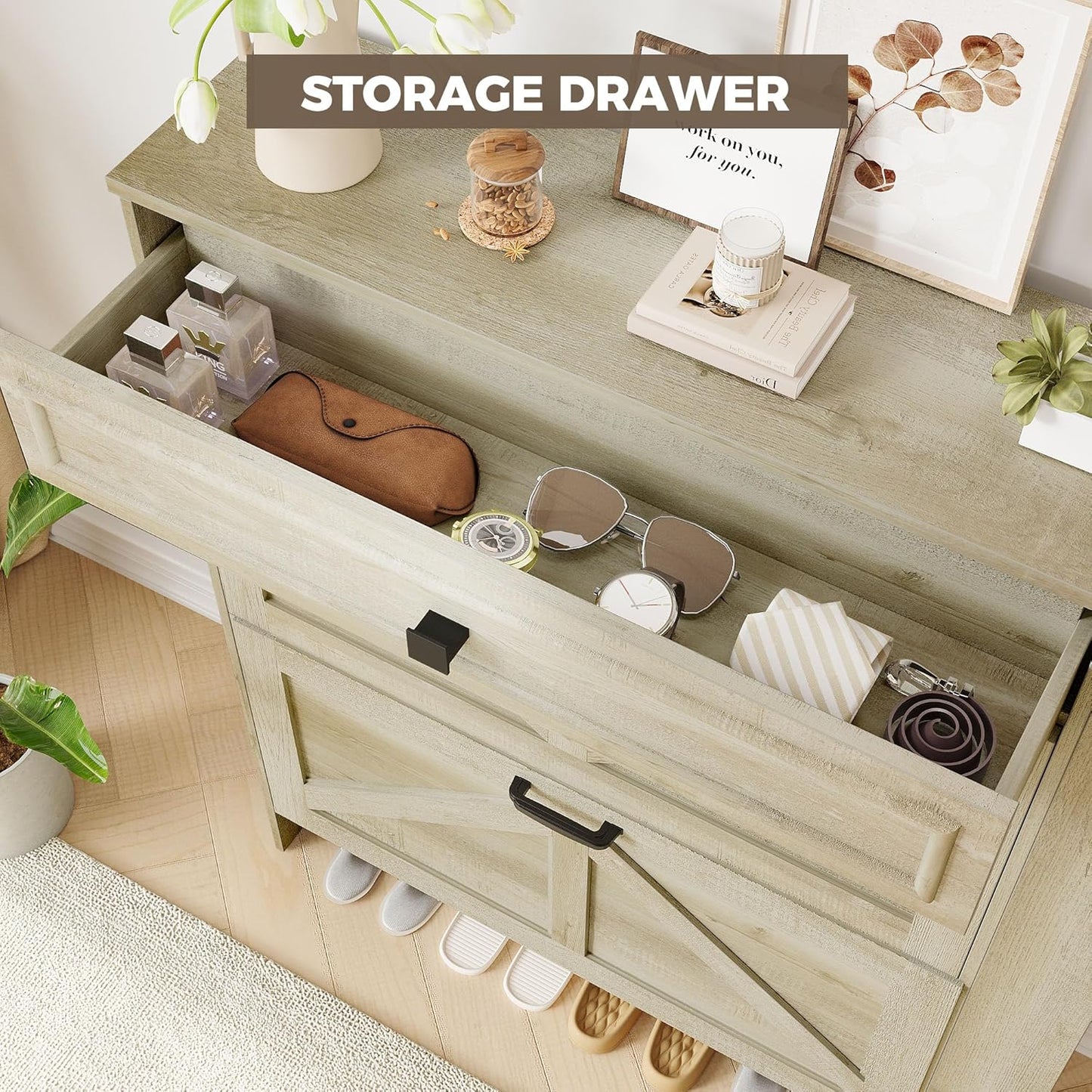 IRONCK Shoe Storage Cabinet with 2 Flip Drawers & Barn Door Design, Freestanding Shoe Cabinet Organizer with Drawer and Shelves for Entryway, Farmhouse Shoe Rack Cabinet,Rustic Maple