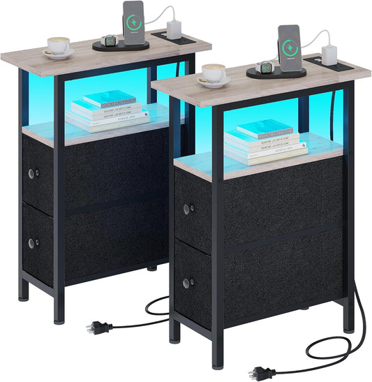 End Table Set 2 with Charging Station, Narrow Side Table with 2 Fabric Drawers, Skinny Nightstand with LED Light, Slim Bedside Table for Bedroom, Living Room, Small Spaces, Greige and Black