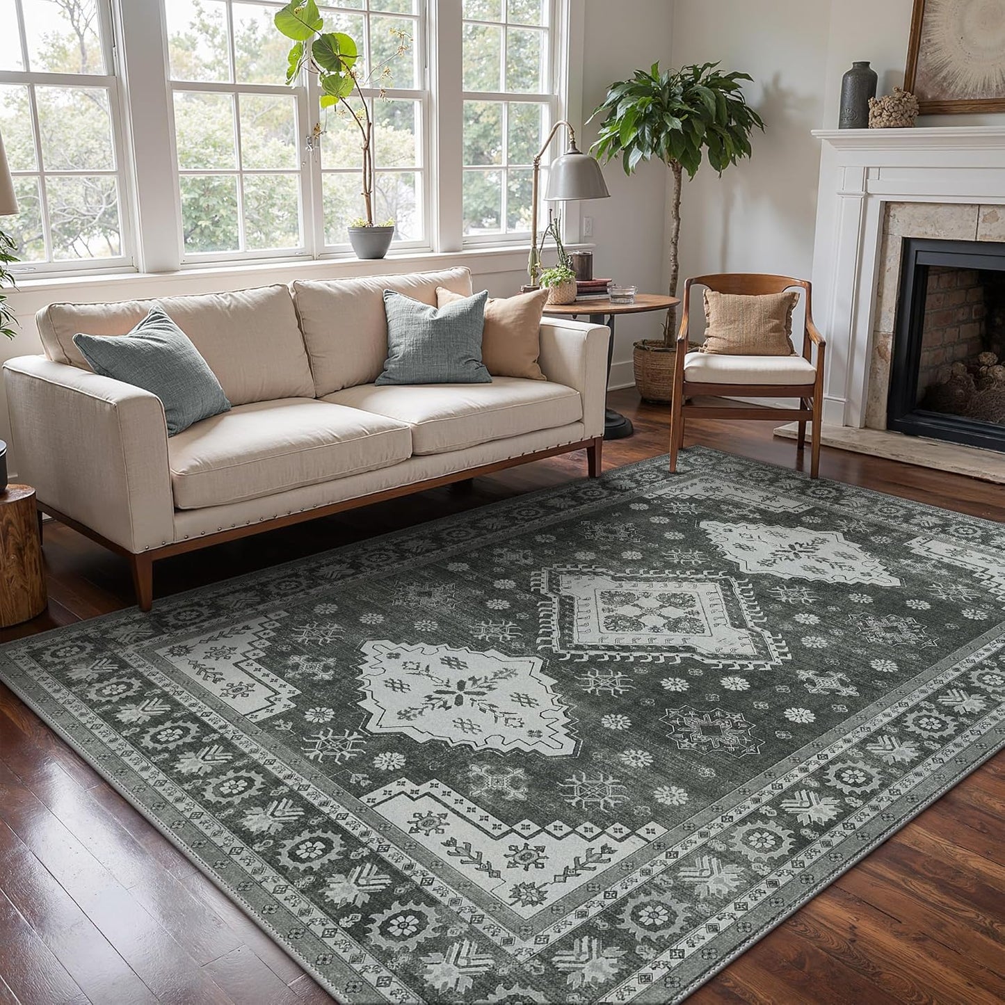 GENIMO Washable Rug 8X10 Area Rugs for Living Room Bedroom, Machine Washable Area Rug, Print Vintage Tribal Aesthetic Carpet, Low Pile Mat with Non Slip Rubber Backing, Distressed Charcoal