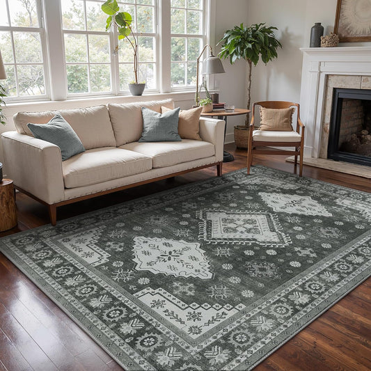 GENIMO Washable Rug 8X10 Area Rugs for Living Room Bedroom, Machine Washable Area Rug, Print Vintage Tribal Aesthetic Carpet, Low Pile Mat with Non Slip Rubber Backing, Distressed Charcoal