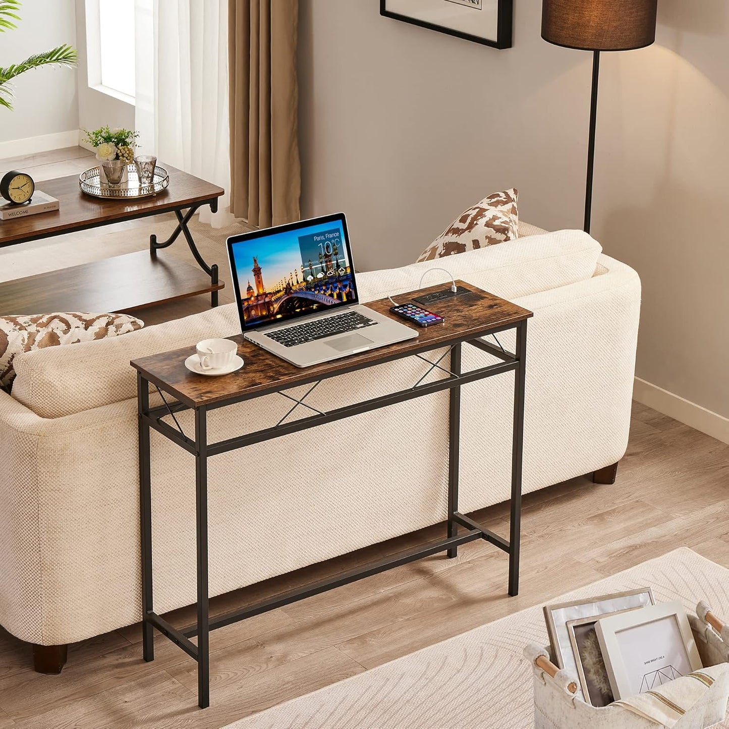 VECELO 39.4In Narrow Sofa/Console Table with Charging Station & Power Outlet and USB Ports, for Entryway, Living Room, Office, Industrial, Metal Frame, 2 Pack, Rustic Brown