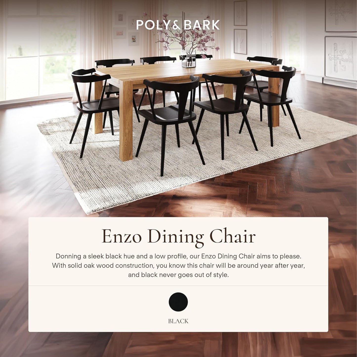 POLY & BARK Mid Century Modern Enzo Black Dining Chair – Solid Oak Wood Splat Back Chair, 18" Seat Height, 32" Tall – Stylish MCM Kitchen & Dining Room Chair