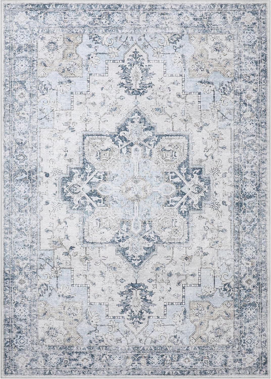 GENIMO 10x14 Area Rugs for Living Room, Machine Washable Rug, Non Slip Vintage Rugs, Low Pile Lightweight Chenille Print Rug for Bedroom, Dining Room, Home Office, Blue