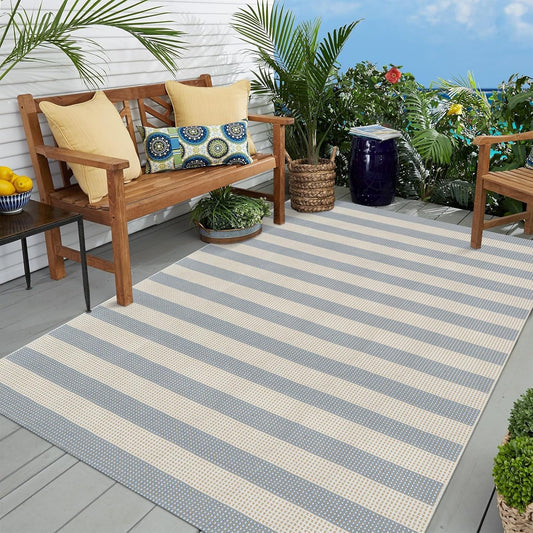 OJIA Striped Outdoor Area Rug 5'x7' Outdoor Rug, Washable Patio Rug Farmhouse Cotton Woven Bedroom Rugs Indoor Outdoor Rugs Living Room Carpet for Dining Room Deck Backyard Camping (Blue/White/Tan)